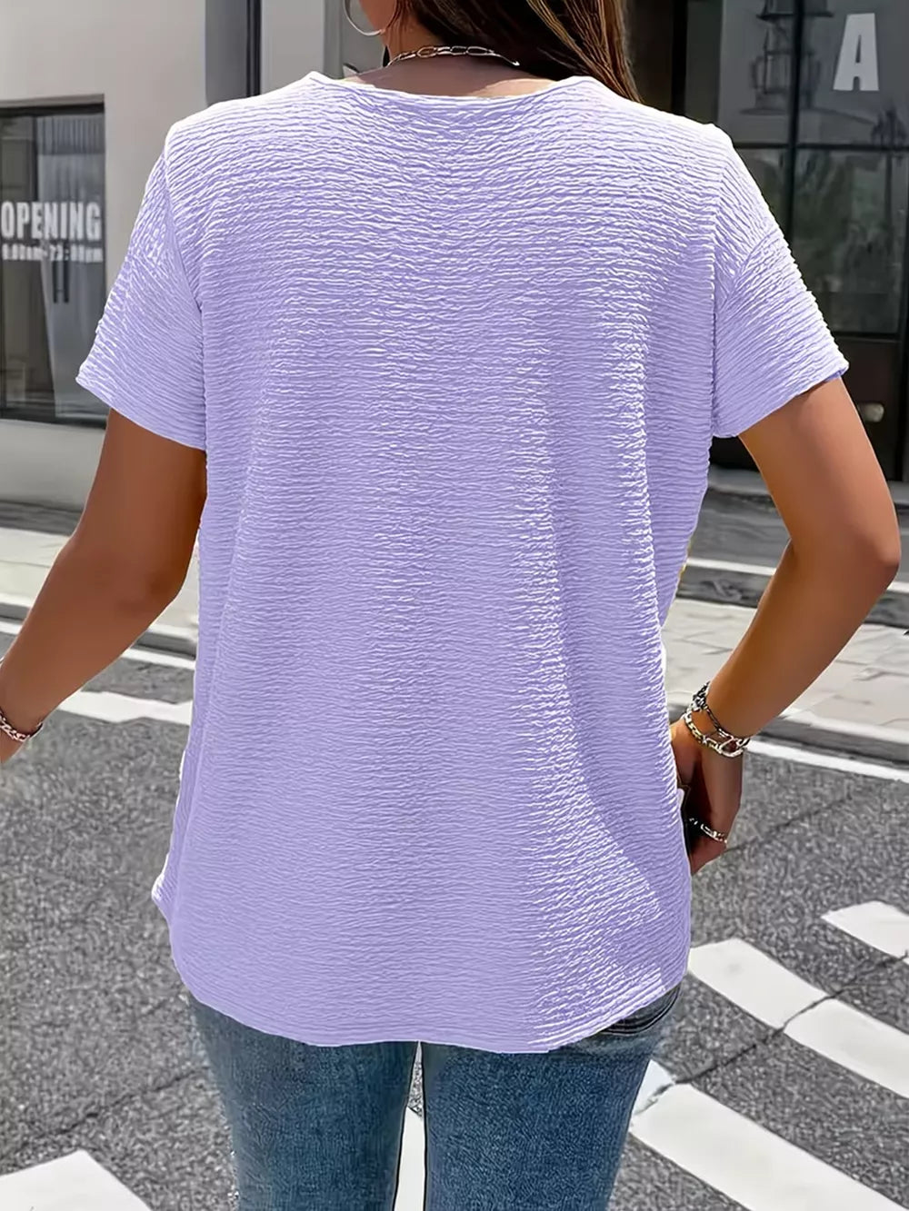 Textured Short Sleeve Top in White with decorative button