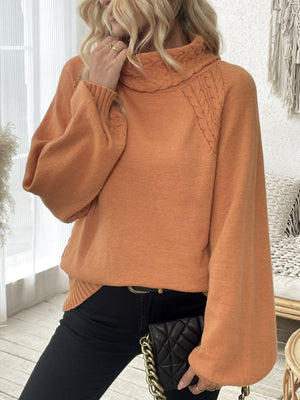 Cable-Knit Turtleneck Long Sleeve Sweater in Cream with cable knit