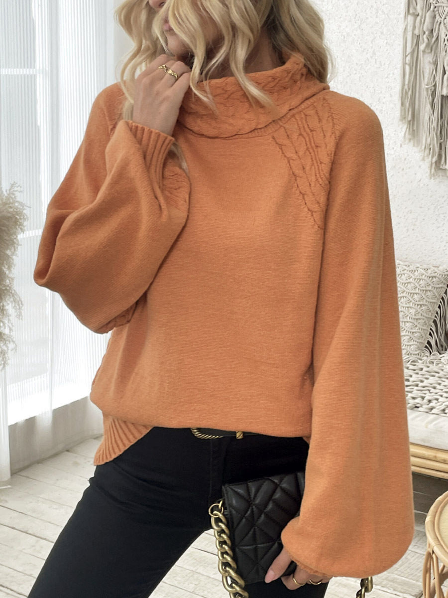 Cable-Knit Turtleneck Long Sleeve Sweater in Cream with cable knit