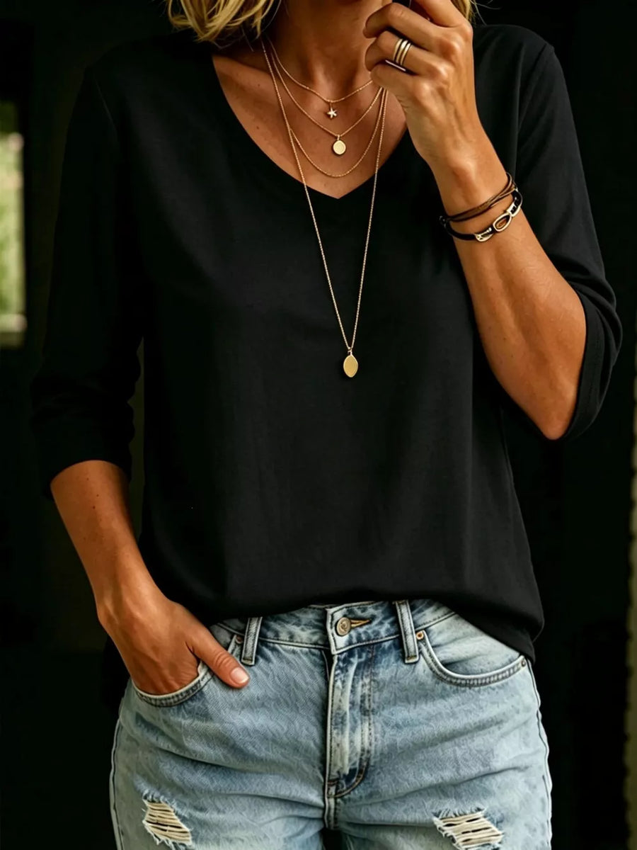 Khaki Full Size V-neck 3/4 Sleeve T-shirt Plus Size