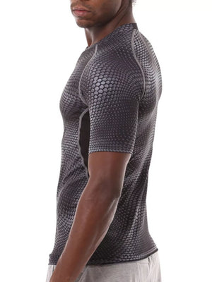 Men's dark gray snake print compression t-shirt with short sleeves.