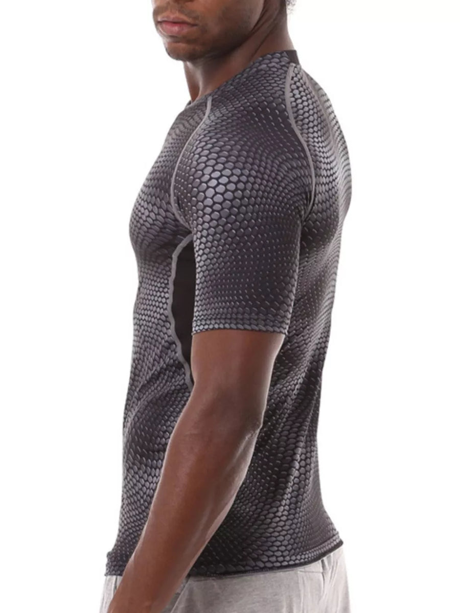 Men's dark gray snake print compression t-shirt with short sleeves.