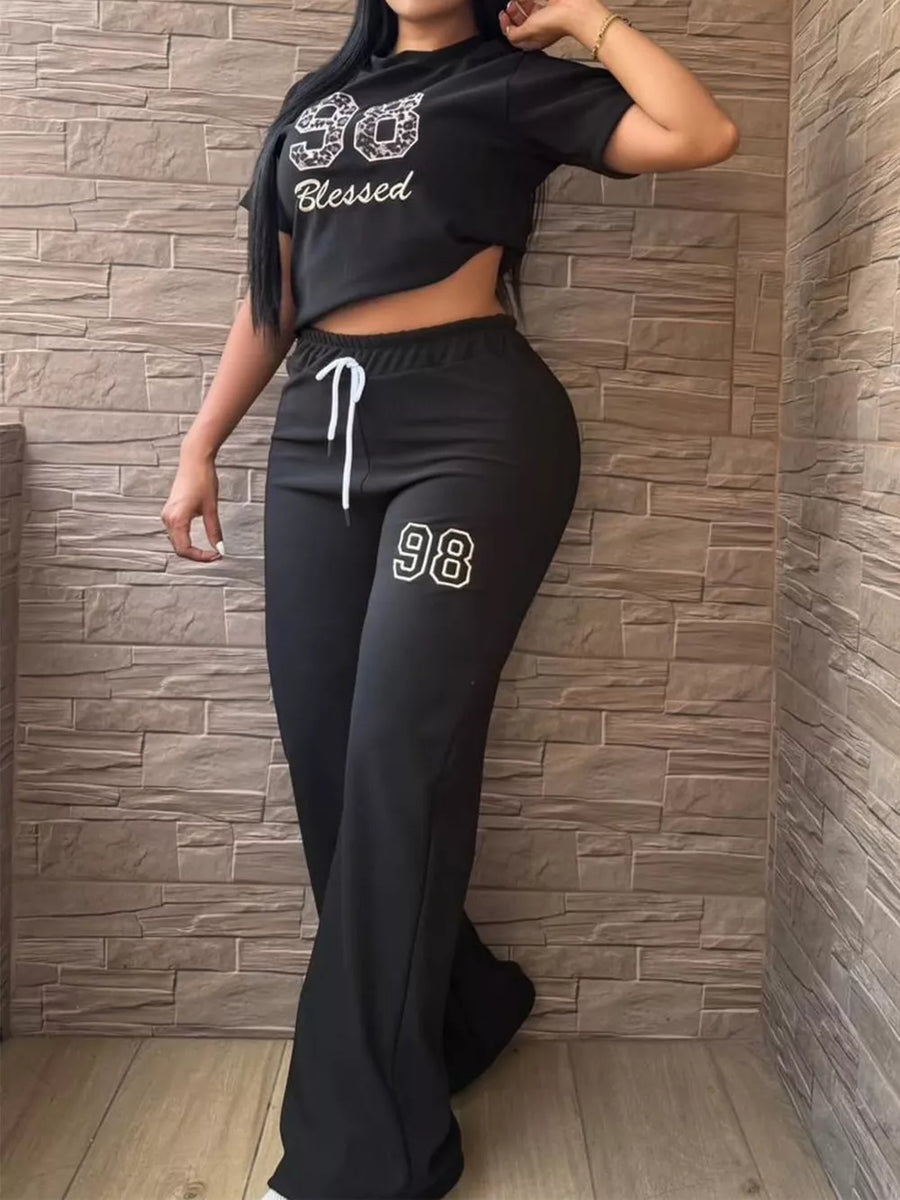 Black with Leopard Print Crop Top And Wide Leg Pants Set in Black