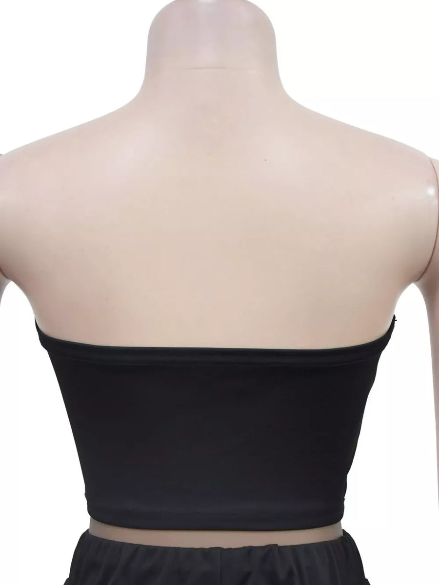 Black tube top with wide-leg pants, casual women's outfit set.