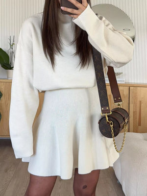 White turtleneck sweater and flared skirt set, casual knit outfit for women