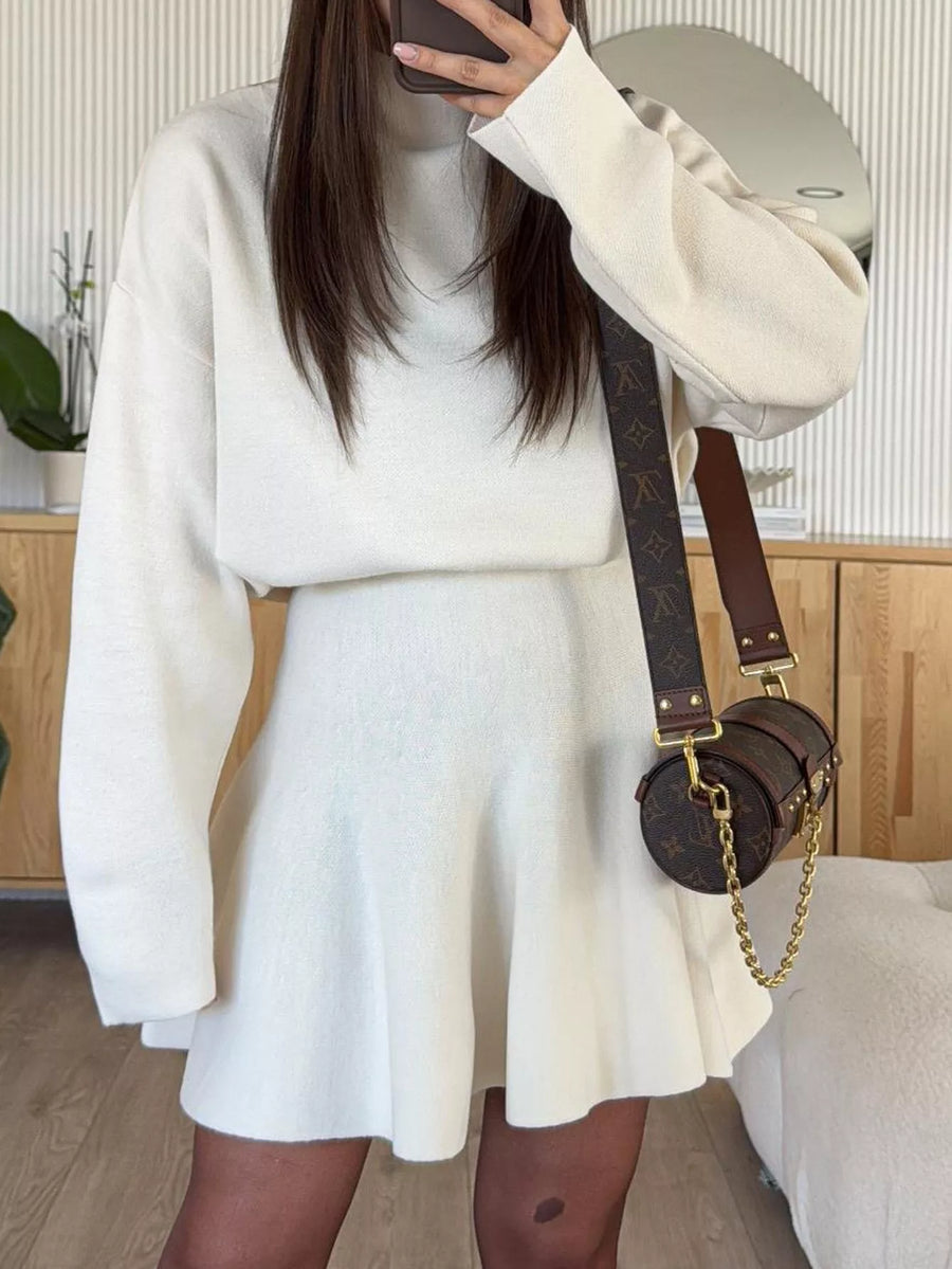 White turtleneck sweater and flared skirt set, casual knit outfit for women