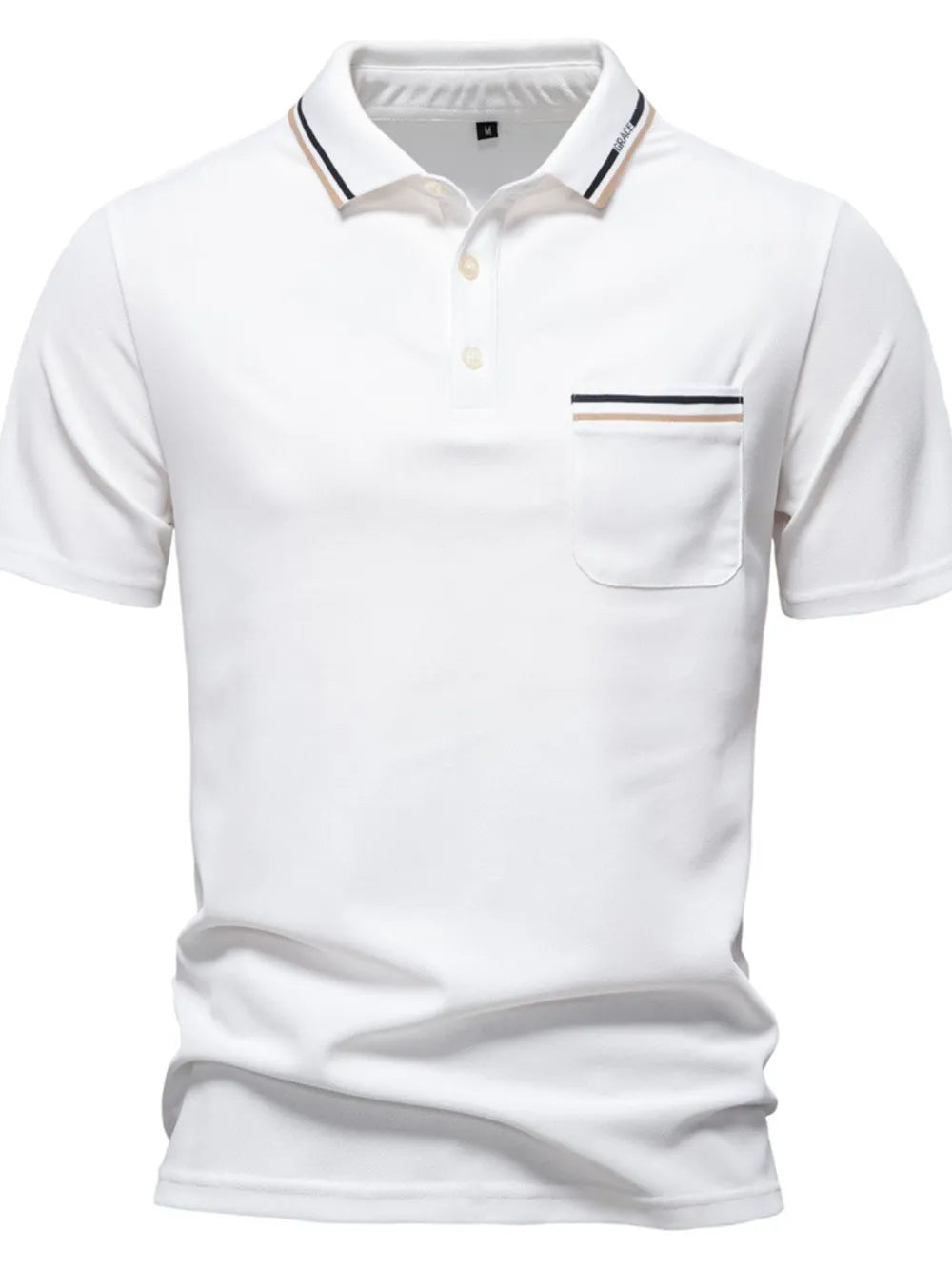 White polo shirt with contrast trim on collar and pocket
