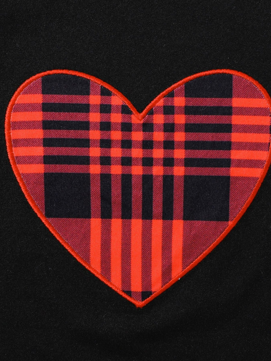 Black baby set with red plaid heart appliqué detail
