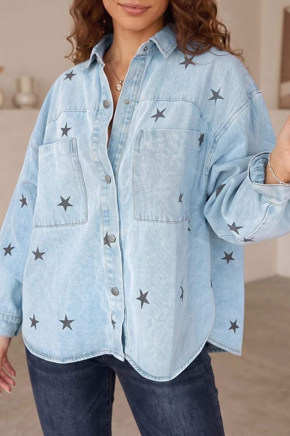 Light Blue Light Wash Star Print Denim Jacket