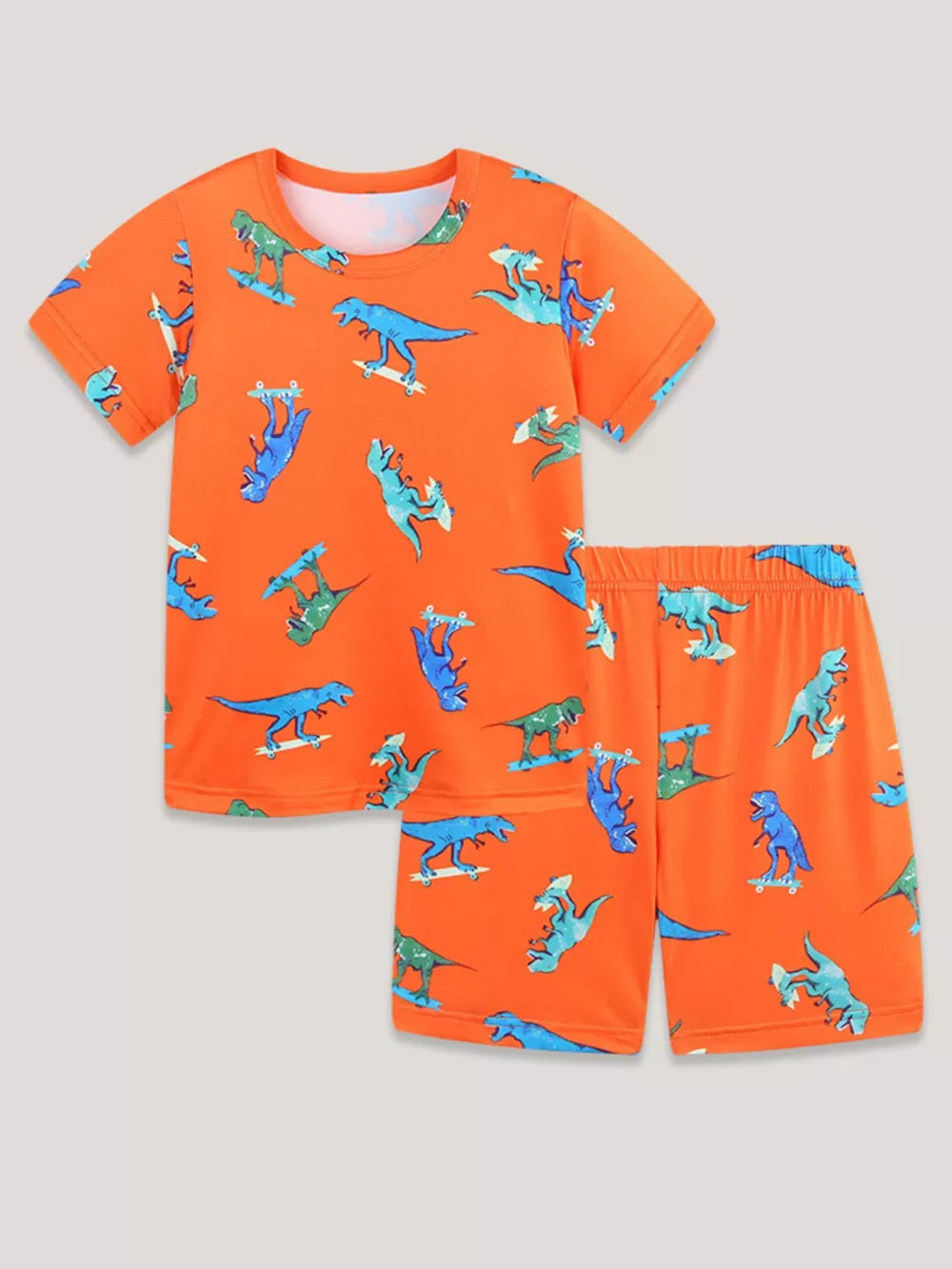 Orange dinosaur skateboarding toddler tee and shorts set