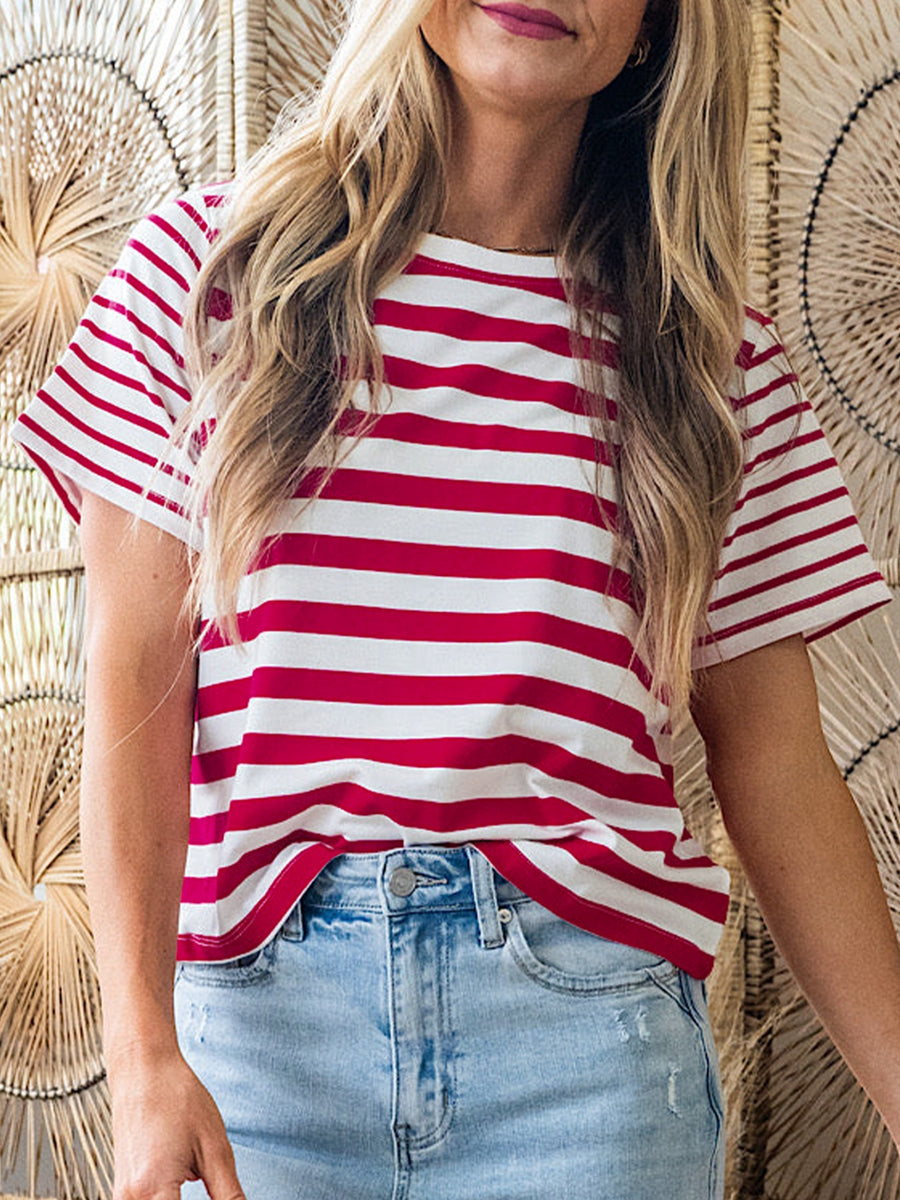 Red and white striped cotton blend t-shirt with round neck and short sleeves