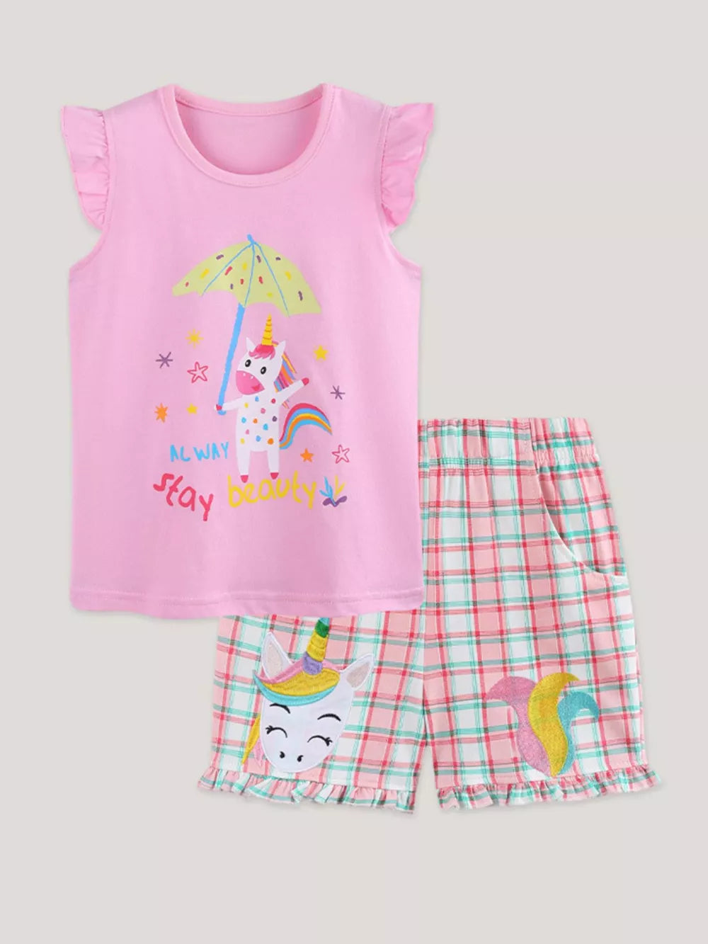 Toddler pink cotton unicorn applique pajama set with ruffled cap sleeves and plaid shorts.