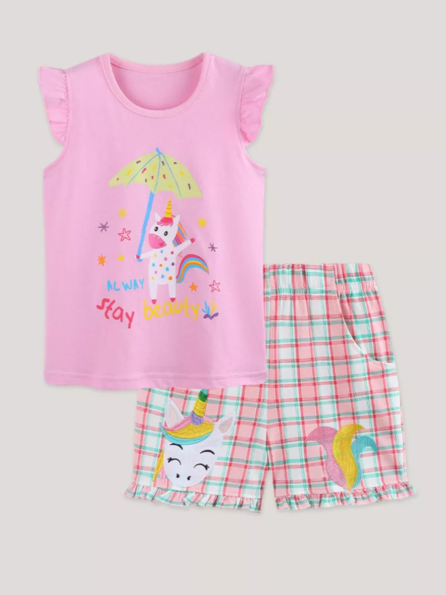 Toddler pink cotton unicorn applique pajama set with ruffled cap sleeves and plaid shorts.