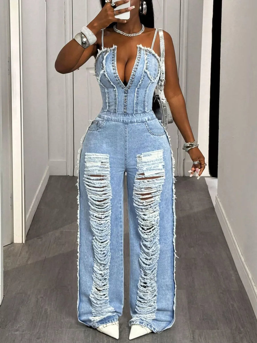 Distressed Spaghetti Strap Wide-leg Denim Jumpsuit option 6
