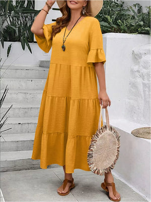 Yellow tiered midi dress with ruffle sleeves and V-neck, crinkled fabric.