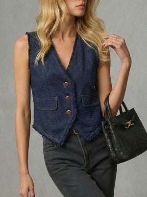 Dark navy denim vest with frayed hem, button-down front, and chest pockets.