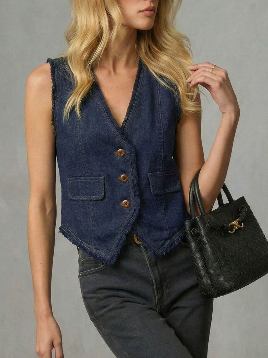 Dark navy denim vest with frayed hem, button-down front, and chest pockets.