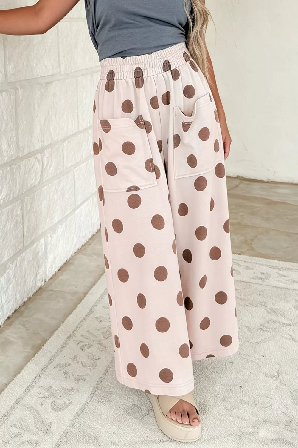 Dust Storm with Polka Dot Wide Leg Elastic Waist Pants in Dust Storm