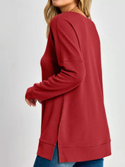 Side Slit Waffle Knit V-neck T-shirt in Blue with side slit