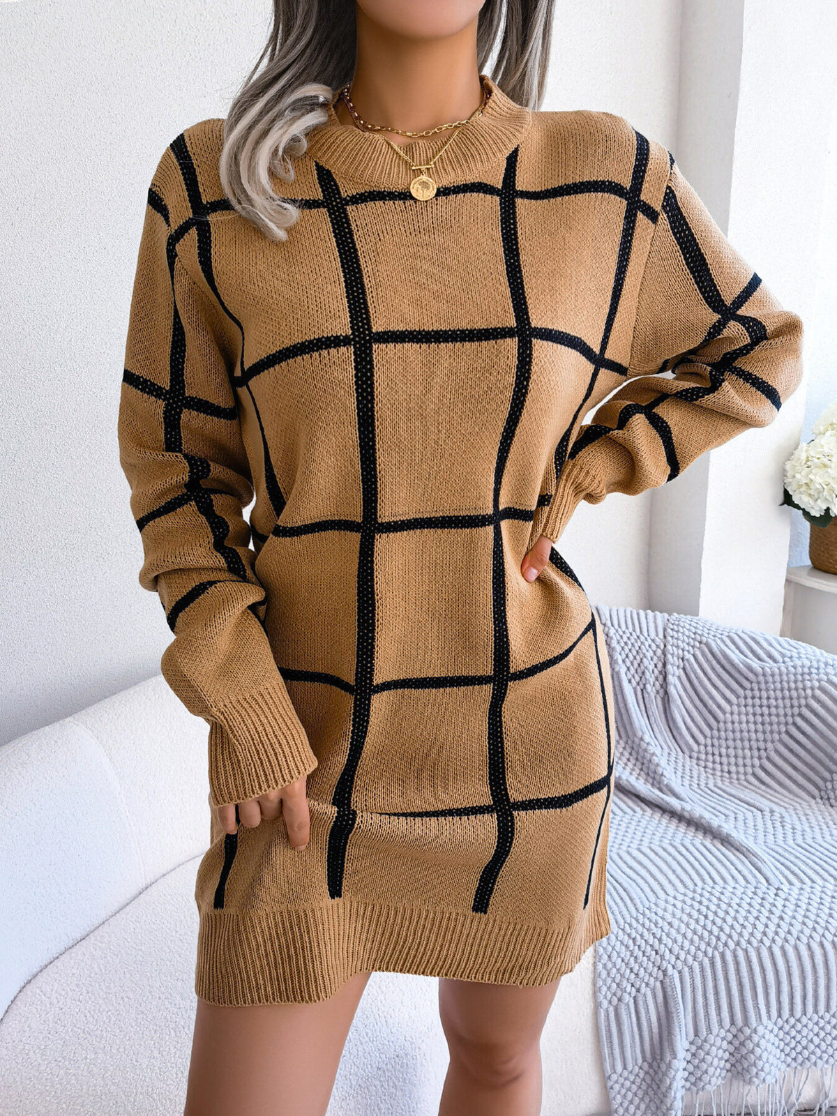 camel sweater dress with plaid and crew neck