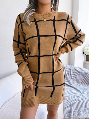 camel sweater dress with plaid and crew neck