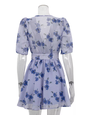 Lavender floral print chiffon dress with puff sleeves and belted waist