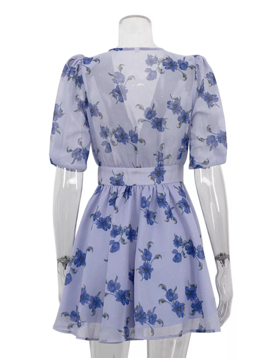 Lavender floral print chiffon dress with puff sleeves and belted waist