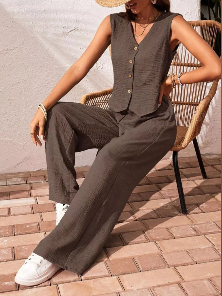 Chocolate cropped vest and wide-leg pants set with button detail