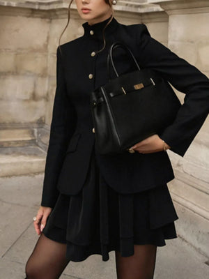 Black with Elegant Stand Collar Blazer And Mini Skirt Set in Black