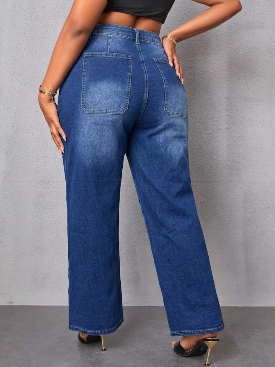 Pocketed High-Waisted Wide Leg Jeans in Peacock Blue with pocketed