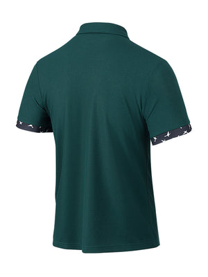 Olive green waffle textured polo shirt with patterned cuffs