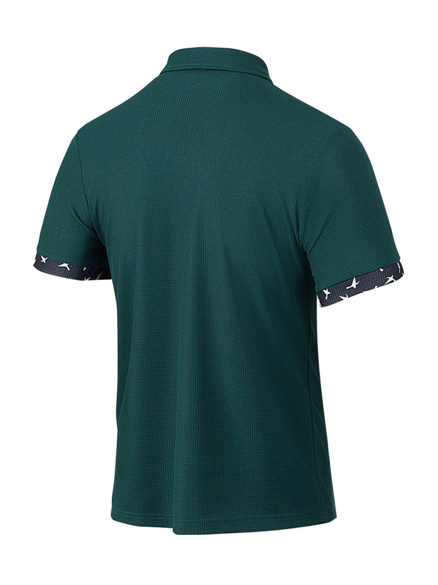 Olive green waffle textured polo shirt with patterned cuffs