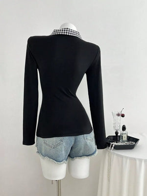 Gingham Collar Long Sleeve T-shirt option 4
