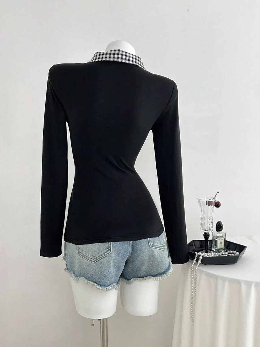 Gingham Collar Long Sleeve T-shirt option 4