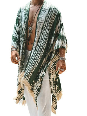 Army green geometric print kimono with fringe trim and wide sleeves.