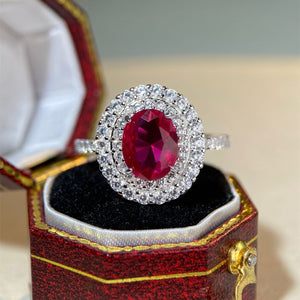 925 Sterling Silver Round Ring in deep red with zircon stones