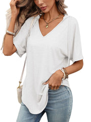 Relaxed gray short sleeve hooded t-shirt with v-neck and drawstring detail.