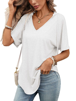 Relaxed gray short sleeve hooded t-shirt with v-neck and drawstring detail.