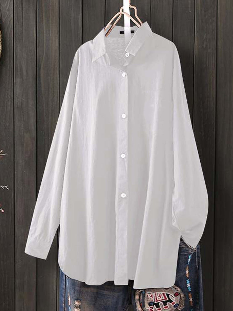 White button-down shirt with tunic-length and button-front