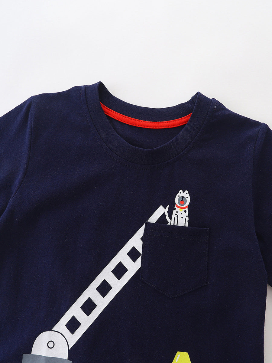Navy cotton t-shirt with a playful dog graphic peeking from a chest pocket and a vehicle ladder design.