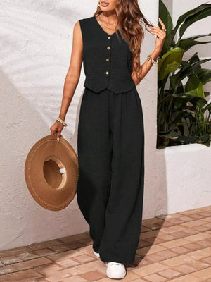 Black buttoned cropped vest and wide-leg pants set with textured fabric