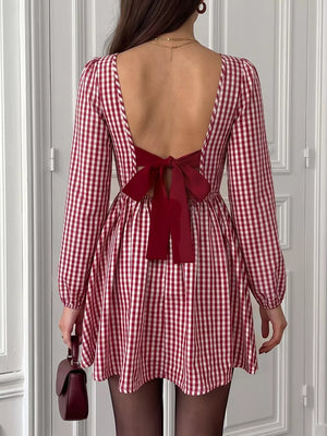 Backless Plaid Long Sleeve Mini Dress option 6