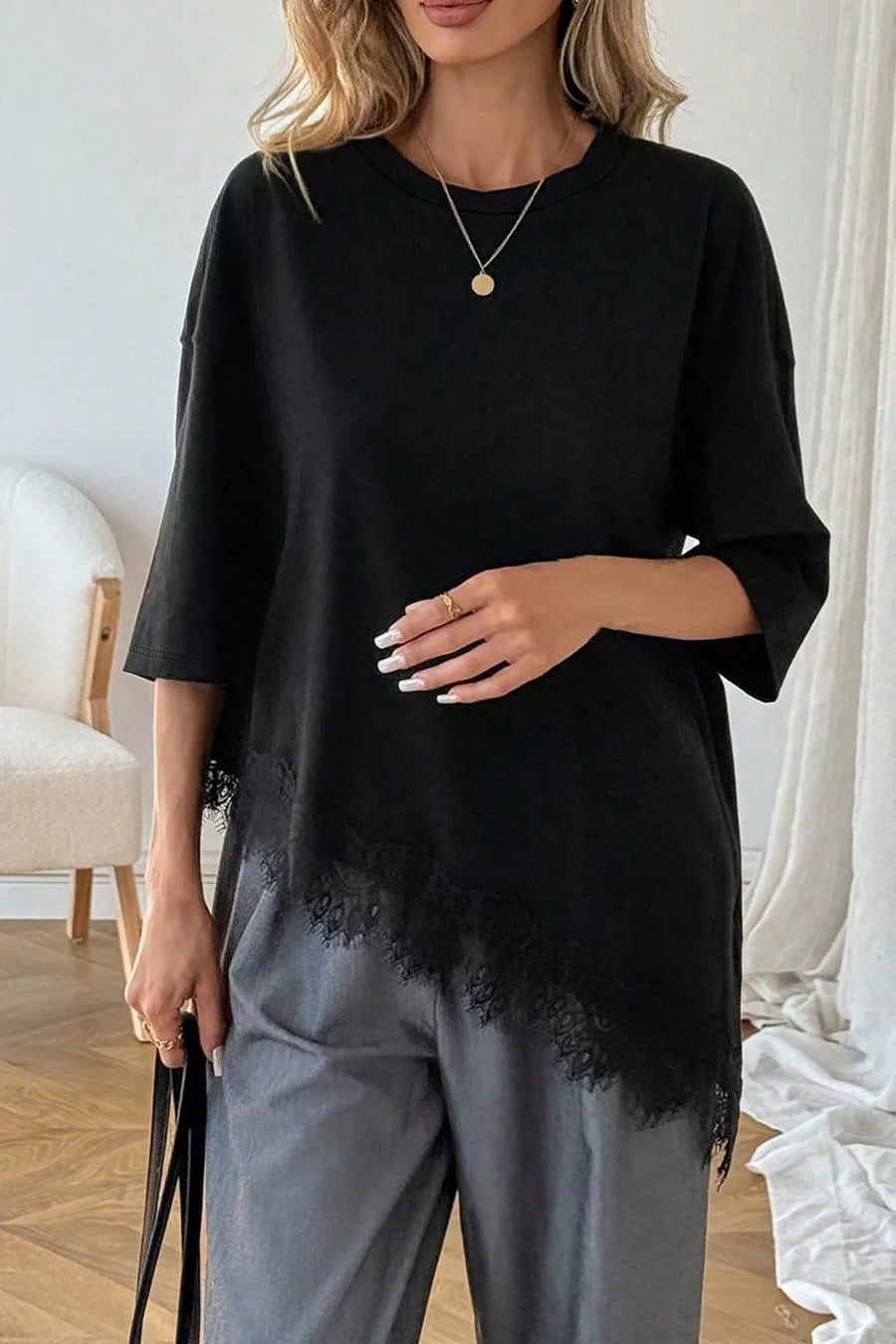 Black with Lace Asymmetrical Hem Round Neck T-shirt