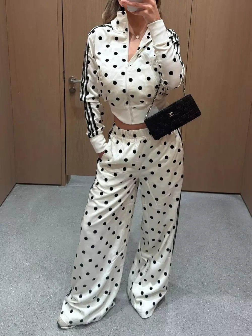 Sky Blue Polka Dot Zip Up Outerwear And Pants Set