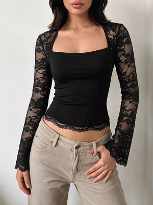Black Lace Sleeve Square Neck Top