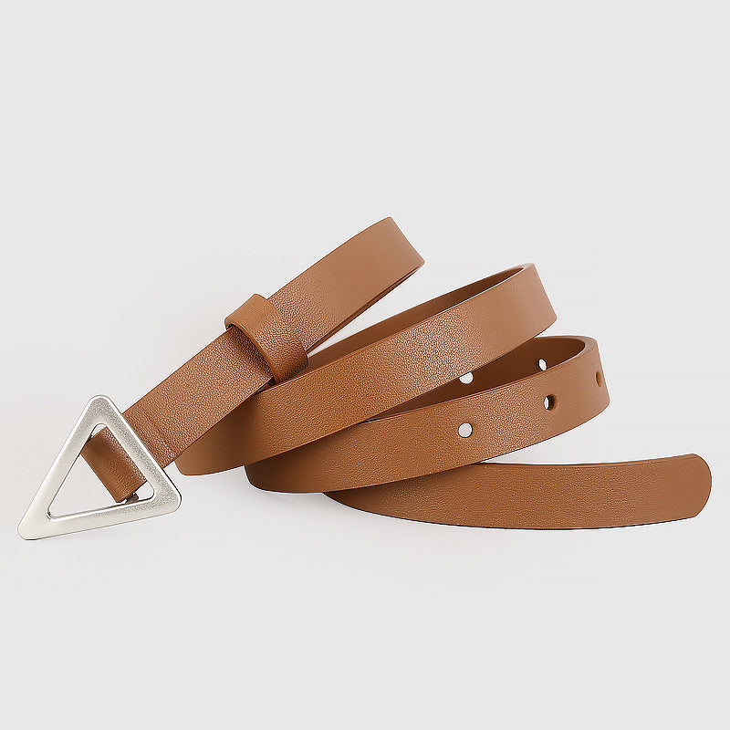 Caramel cowhide leather belt with silver triangle buckle and adjustable holes