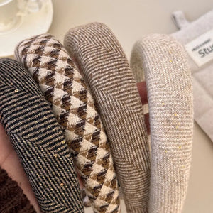 Textured tweed padded headbands in black, geometric, khaki, and coffee brown patterns.