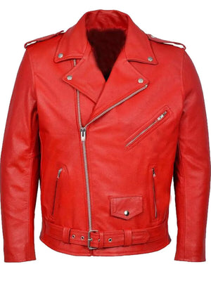 Red leather plus-size motorcycle jacket with zip-up front, belted waist, and zippered pockets.