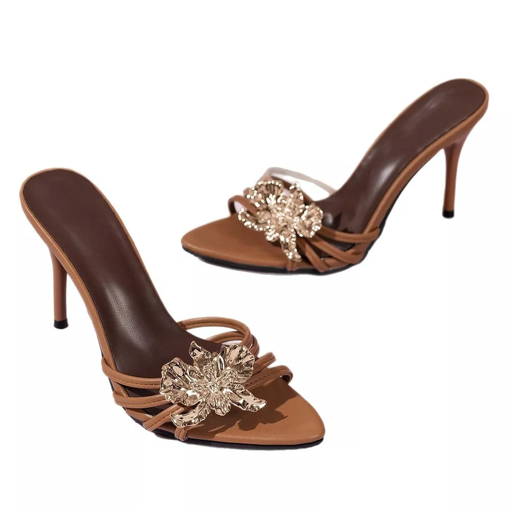 Gilded floral high heel sandals in apricot with strappy detail and crystal flower embellishment.