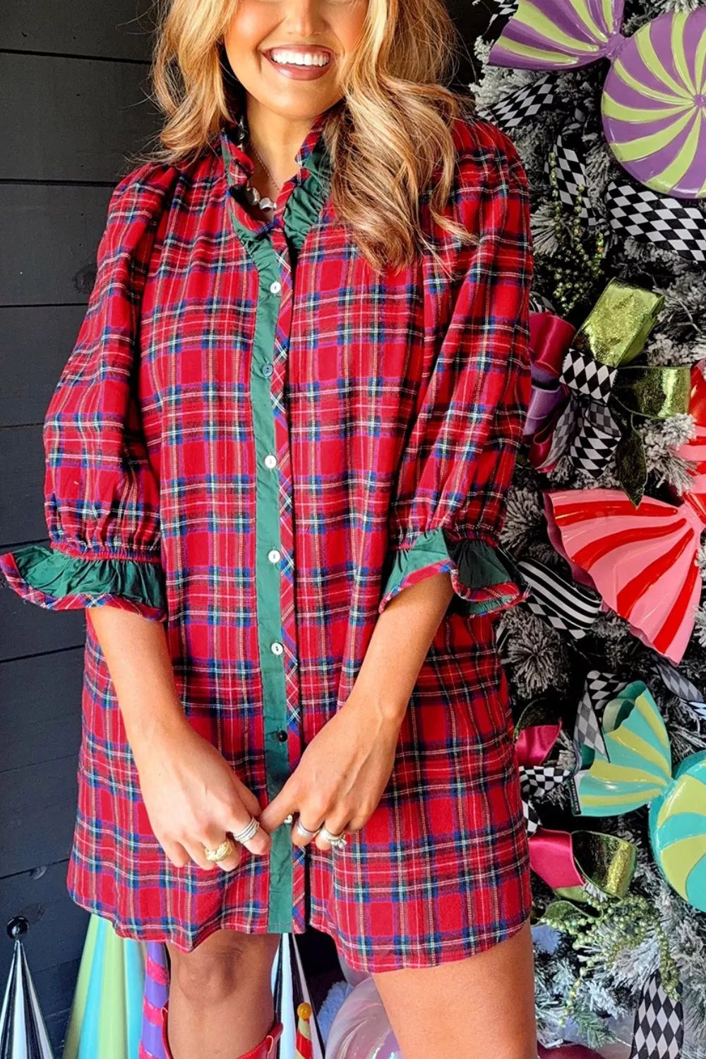 Deep Red Plaid Ruffle Cuff Button Front Mini Dress